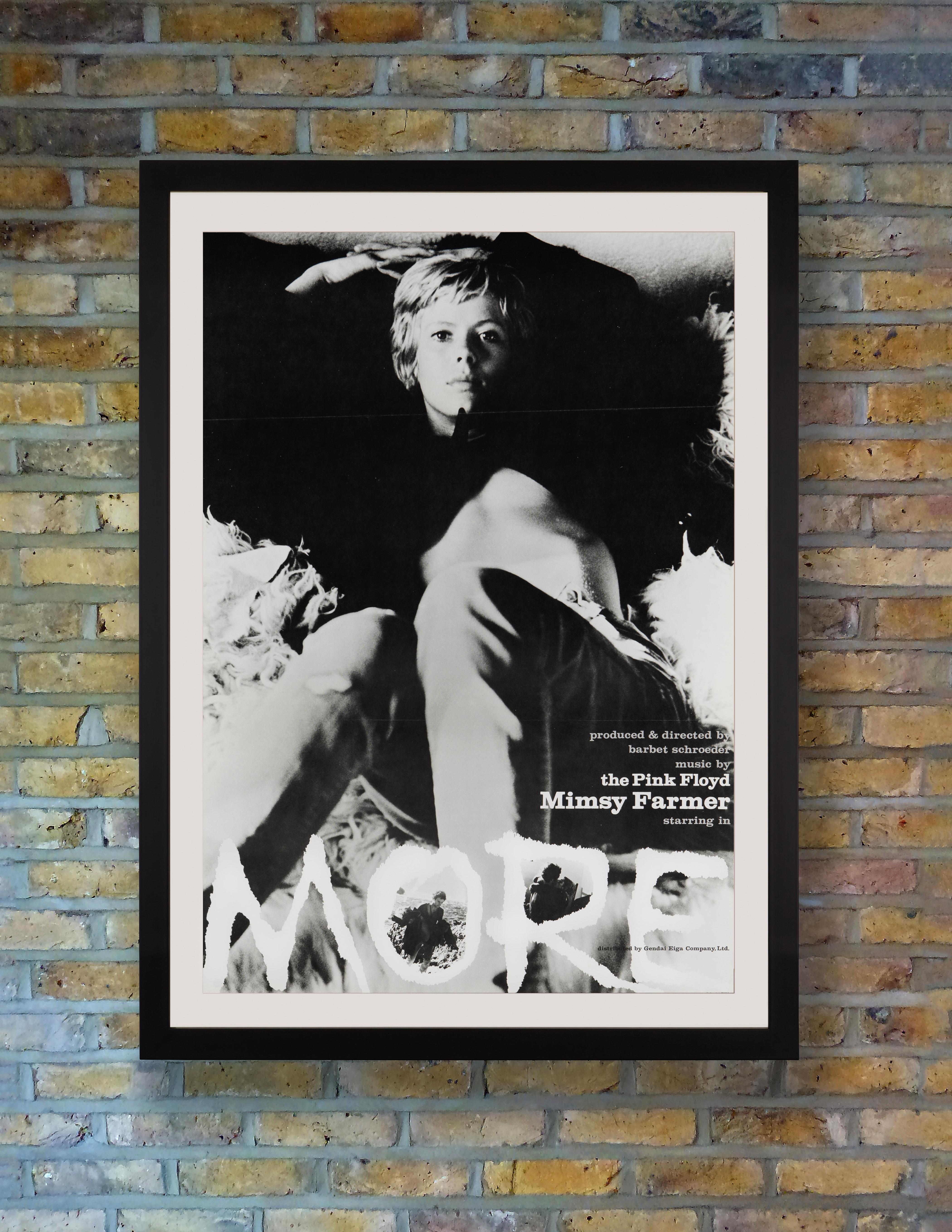 A bewitching full-bleed black and white photograph of a supine Mimsy Farmer confronts us on this scarce english-language poster for the first Japanese release of Barbet Schroeder's 1969 directorial debut 'More.' Set on the island of Ibiza, the