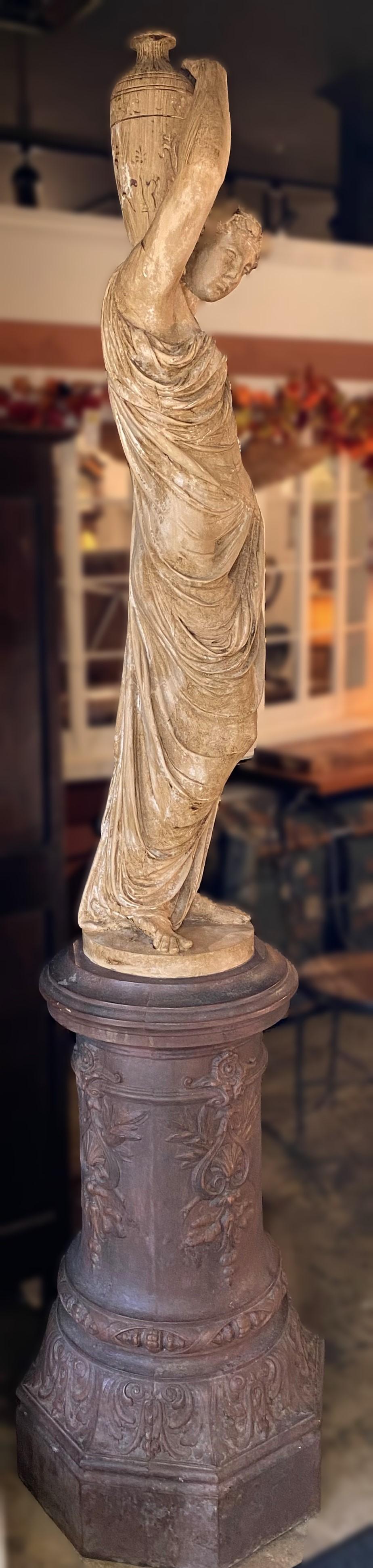 Classical Roman Barbezat et Cie Cast Iron Painted Classical Sculpture of a Female Water Carrier For Sale