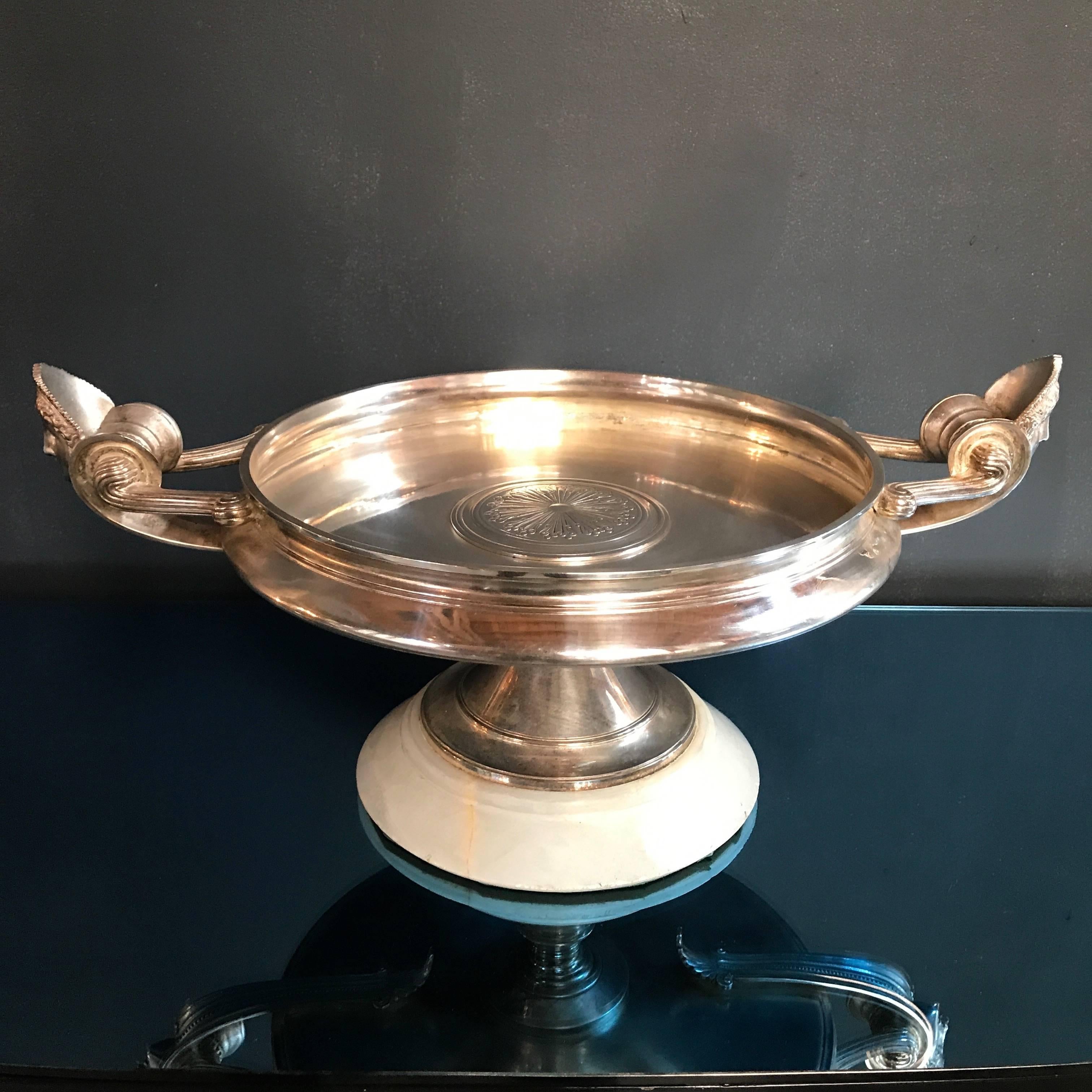 Rare Italian 1950s raised silver Barbiedienne tray with original marble base.
