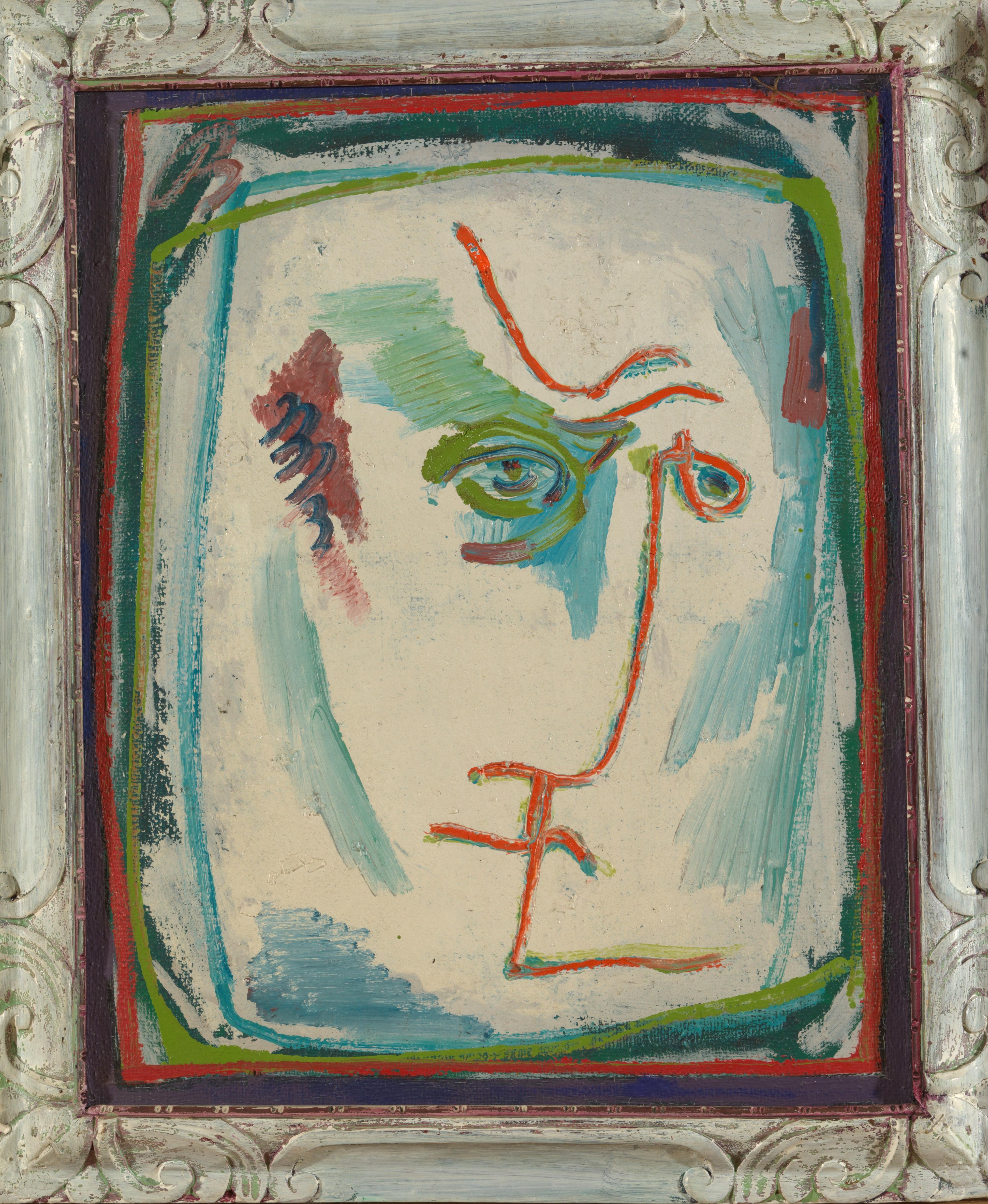 This is probably a self-portrait of the painter Barbier. It is a very abstract version of the head which is largely distorted. The artist defines the contours of the face with light blue brushstrokes and with narrow brushstrokes in orange he paints
