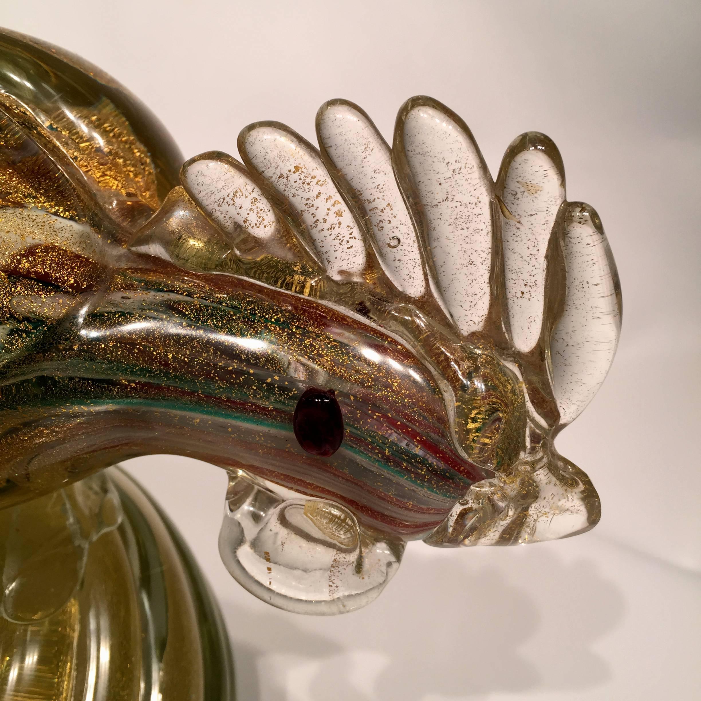 Barbini 1950 multi-color cock in Murano glass with gold leaf.