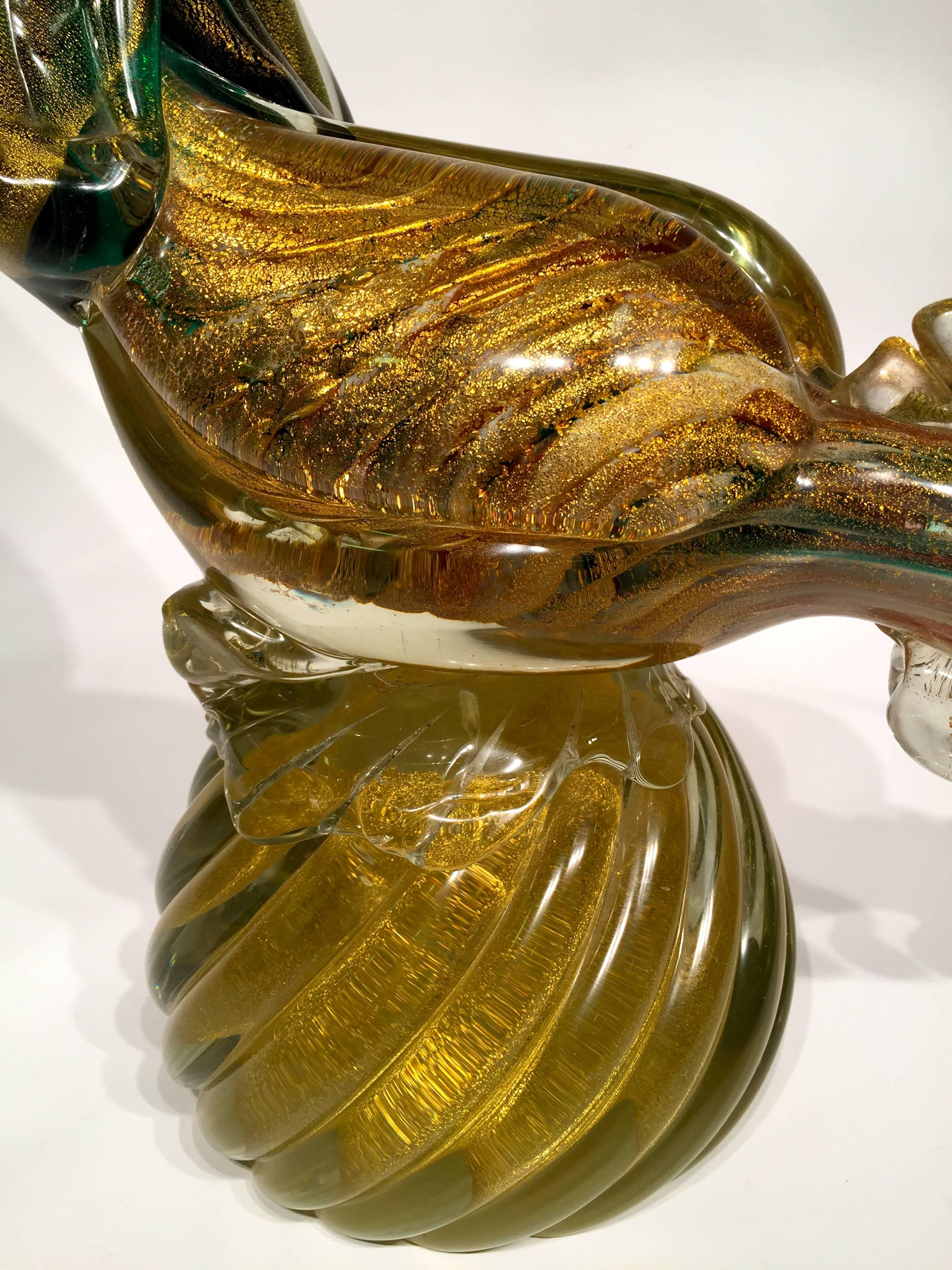 Mid-Century Modern Barbini 1950 Multi-Color Cock in Murano Glass with Gold Leaf For Sale