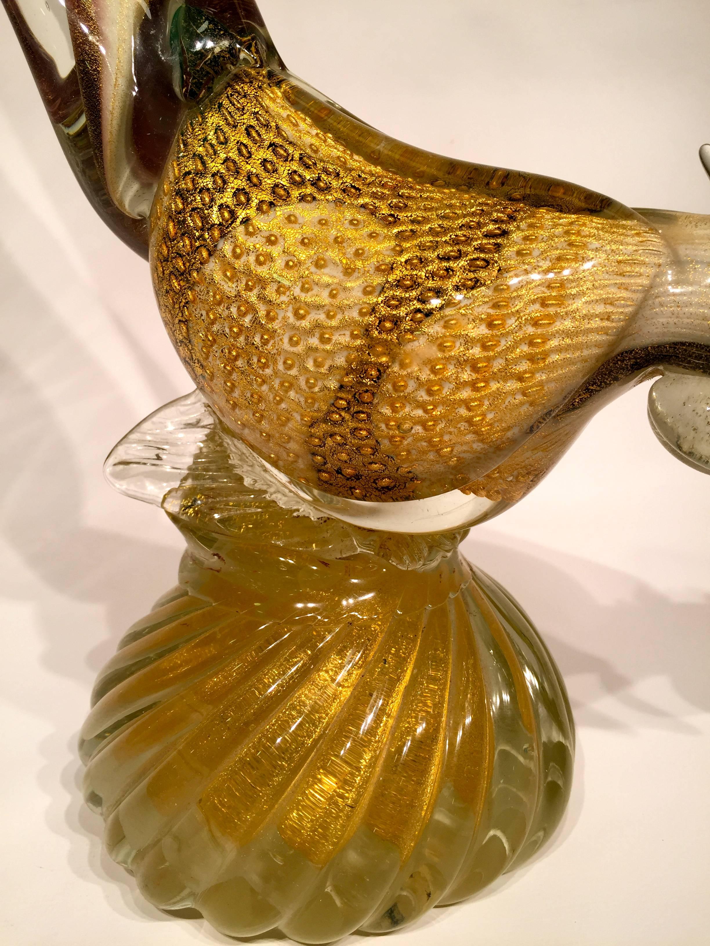 Mid-Century Modern Barbini 1950 Multi-Color Cock in Murano Glass with Gold Leaf For Sale