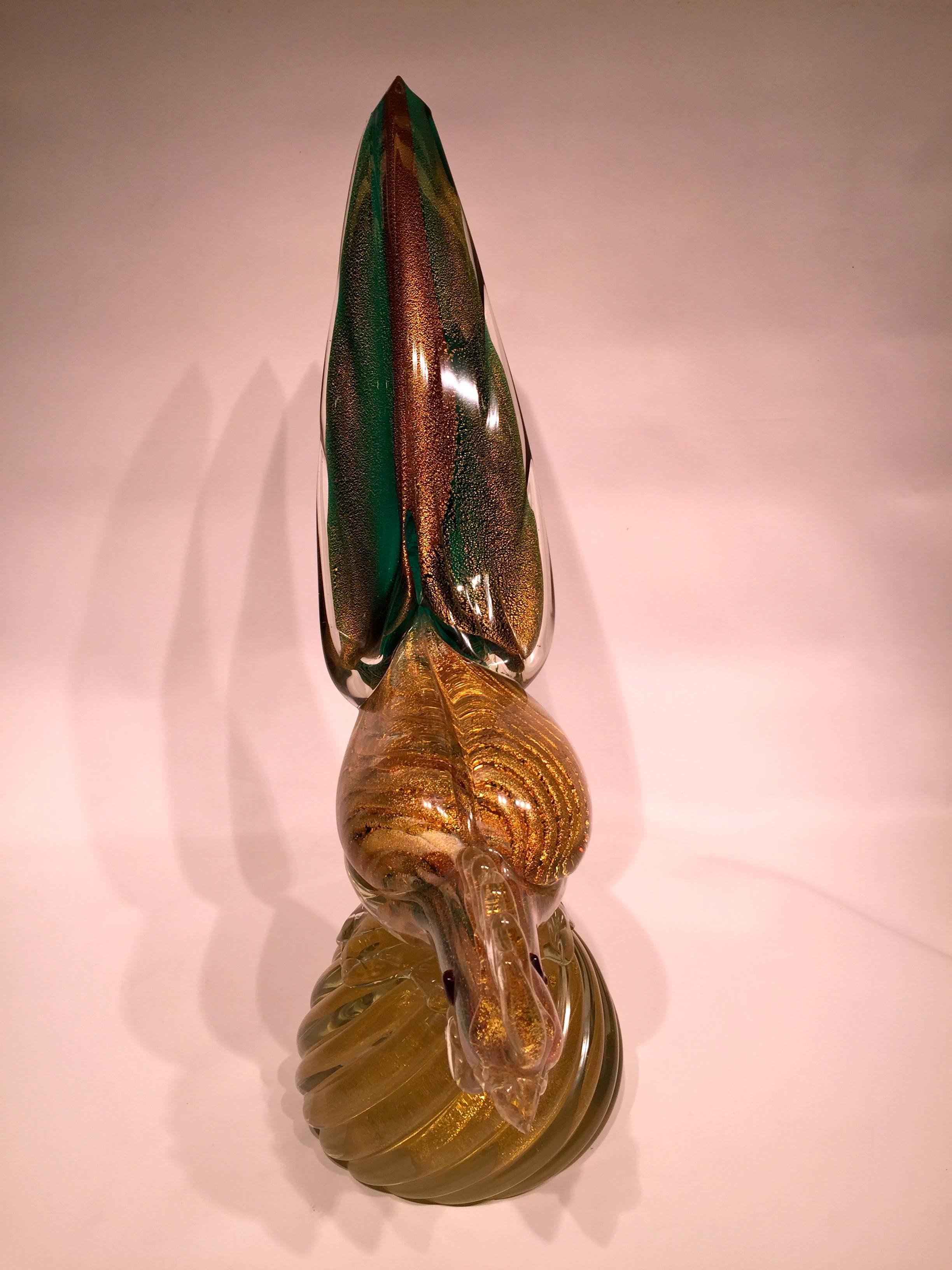 Italian Barbini 1950 Multi-Color Cock in Murano Glass with Gold Leaf For Sale
