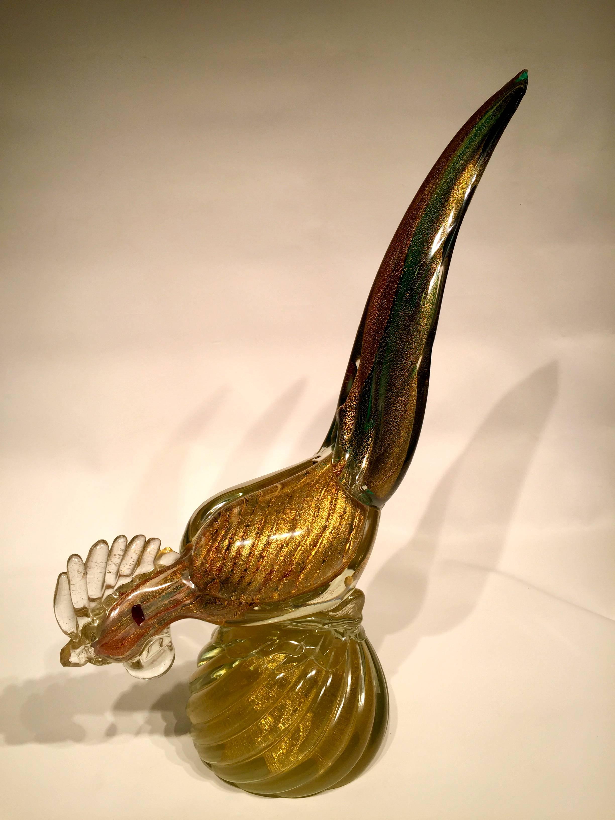 Appliqué Barbini 1950 Multi-Color Cock in Murano Glass with Gold Leaf For Sale