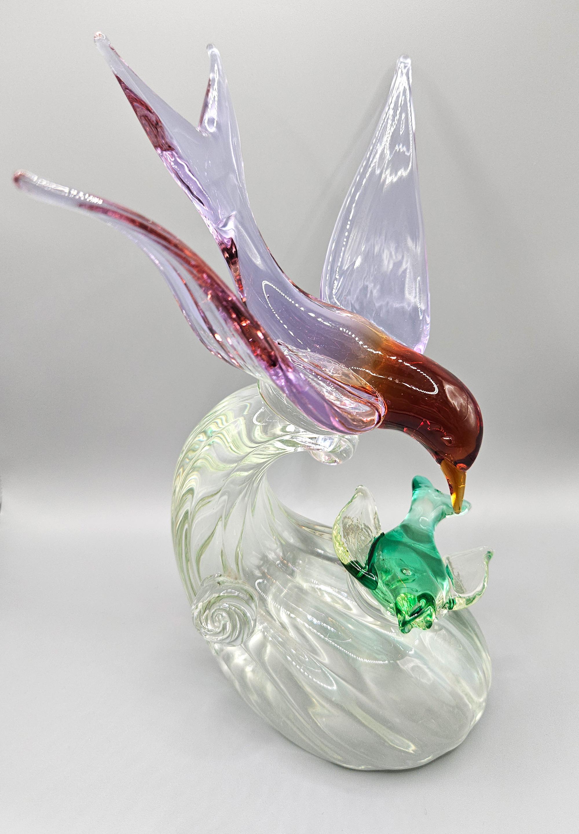 Art déco Mouette avec poisson en verre alexandrite et uranium de Murano, Barbini pour Salviati, années 1950 en vente