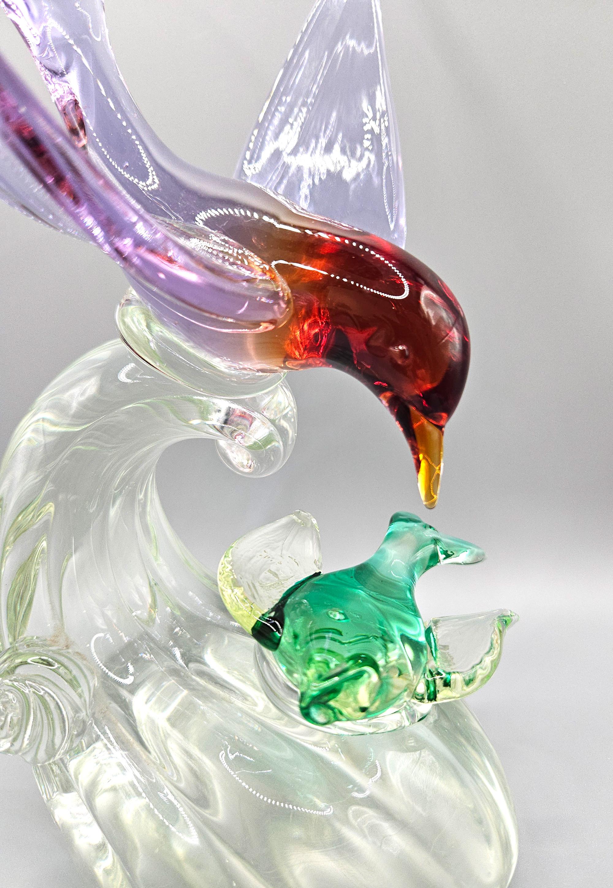 Fait main Mouette avec poisson en verre alexandrite et uranium de Murano, Barbini pour Salviati, années 1950 en vente