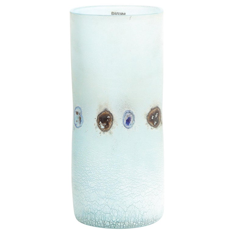 Barbini Midcentury Craqueleur Powder Blue Murano Glass Vase with Organic Detail For Sale