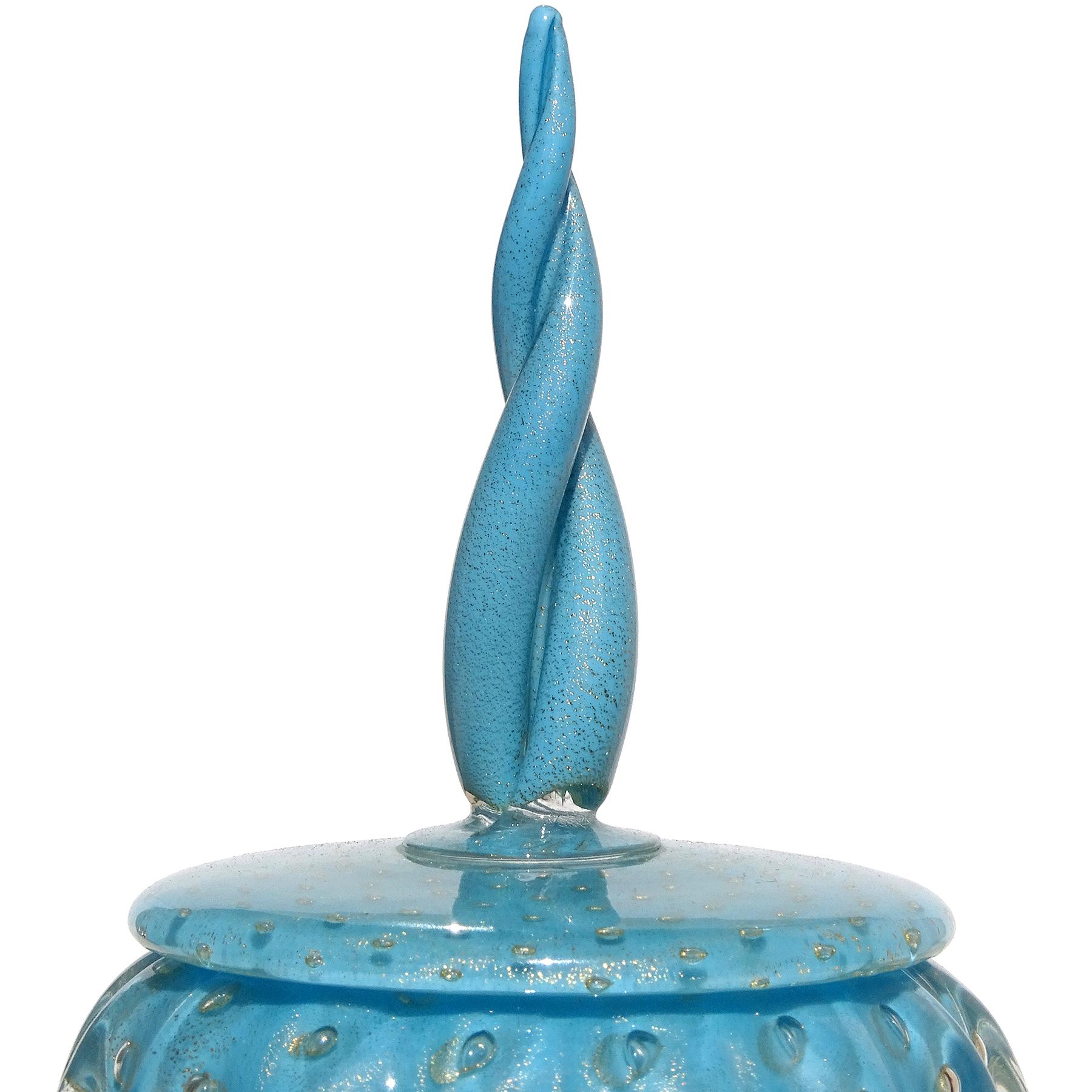 Mid-Century Modern Barbini Murano 1950s Blue Gold Flecks Bubble Italian Art Glass Vanity Powder Box For Sale