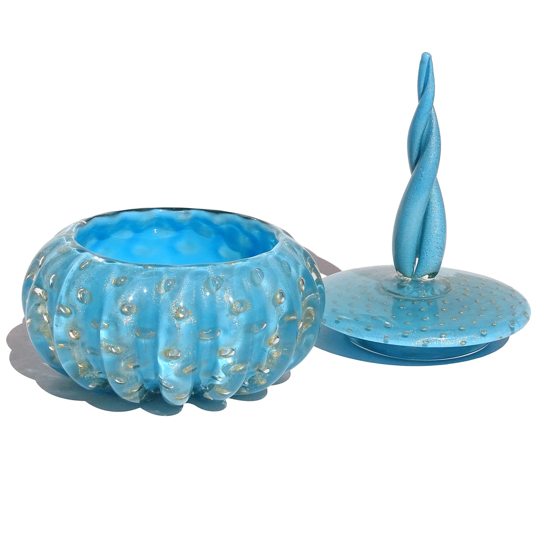 Hand-Crafted Barbini Murano 1950s Blue Gold Flecks Bubble Italian Art Glass Vanity Powder Box For Sale
