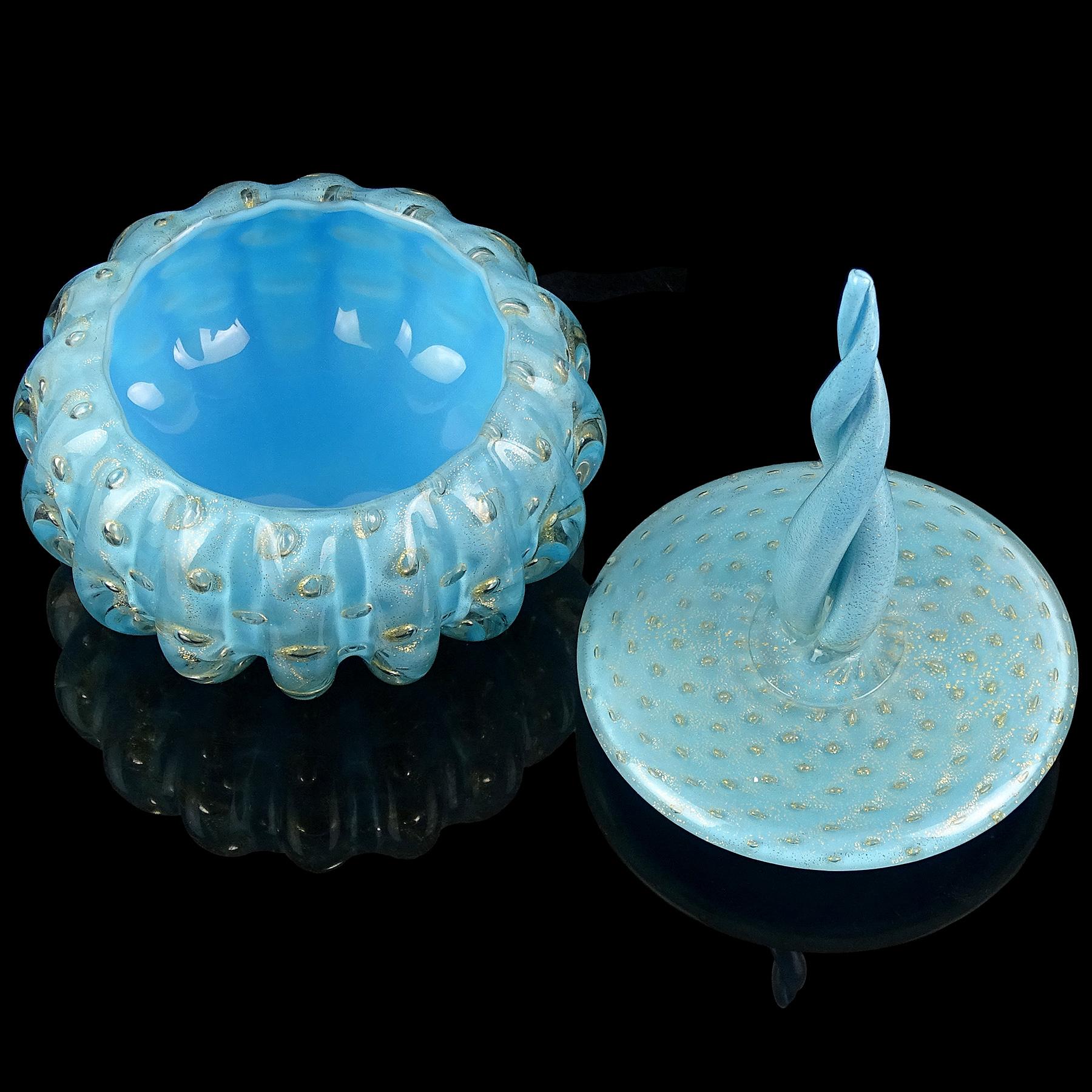 Fait main Barbini Murano 1950s Blue Gold Flecks Bubble Italian Art Glass Vanity Powder Box en vente