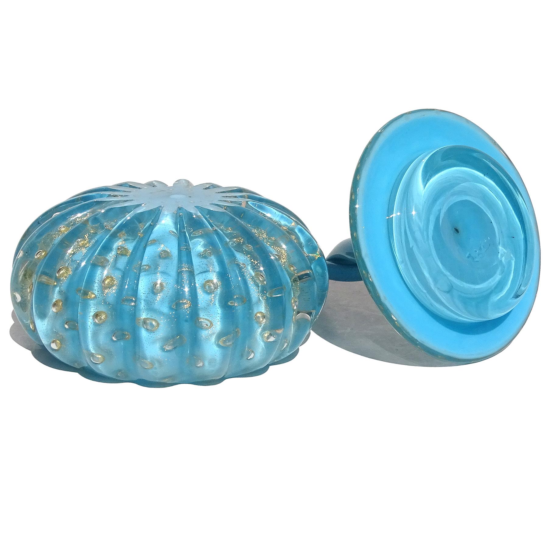 Barbini Murano 1950s Blue Gold Flecks Bubble Italian Art Glass Vanity Powder Box Bon état - En vente à Kissimmee, FL