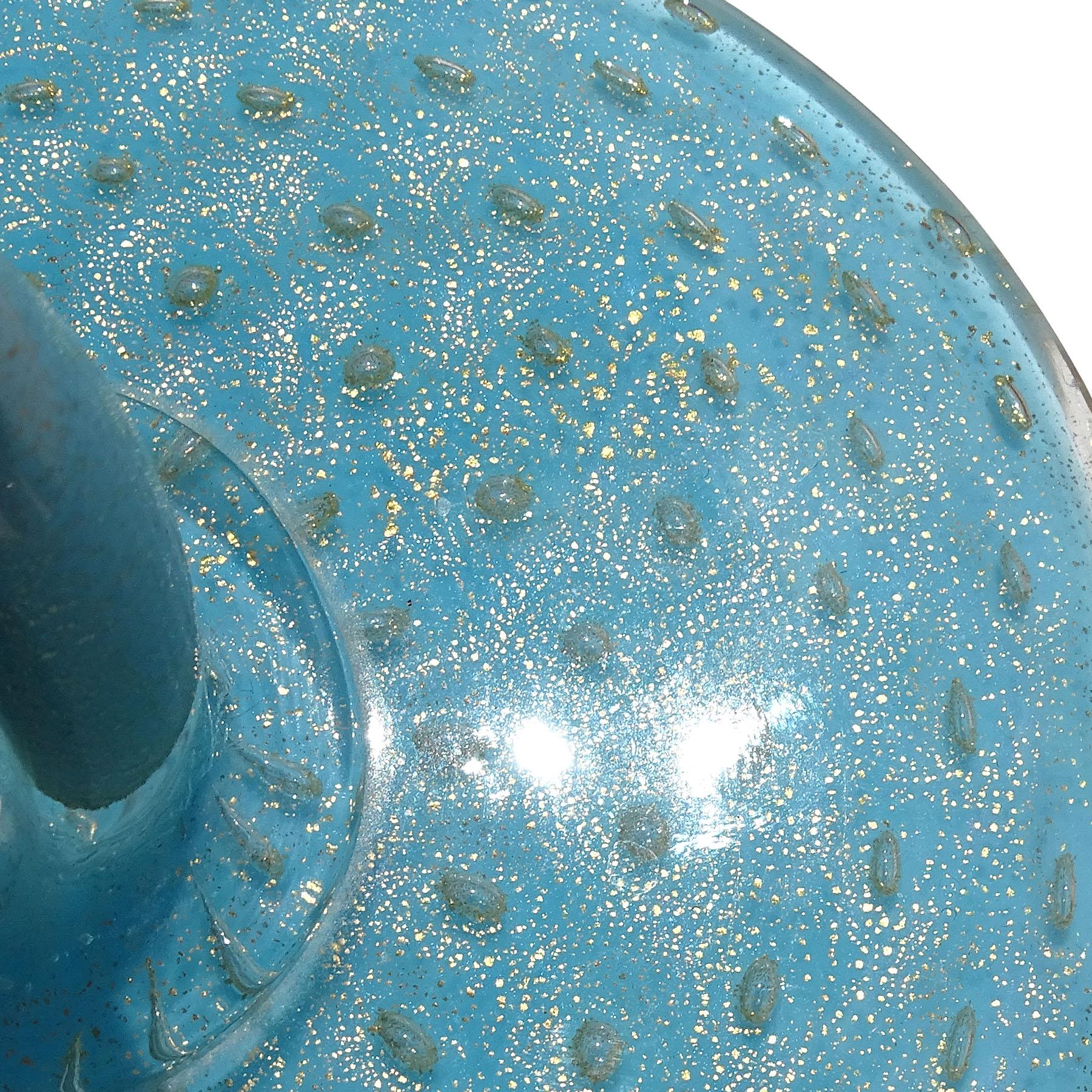 Verre Barbini Murano 1950s Blue Gold Flecks Bubble Italian Art Glass Vanity Powder Box en vente
