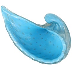 Barbini Murano 1950s Blue Gold Flecks Bubbles Italian Art Glass Seashell Bowl