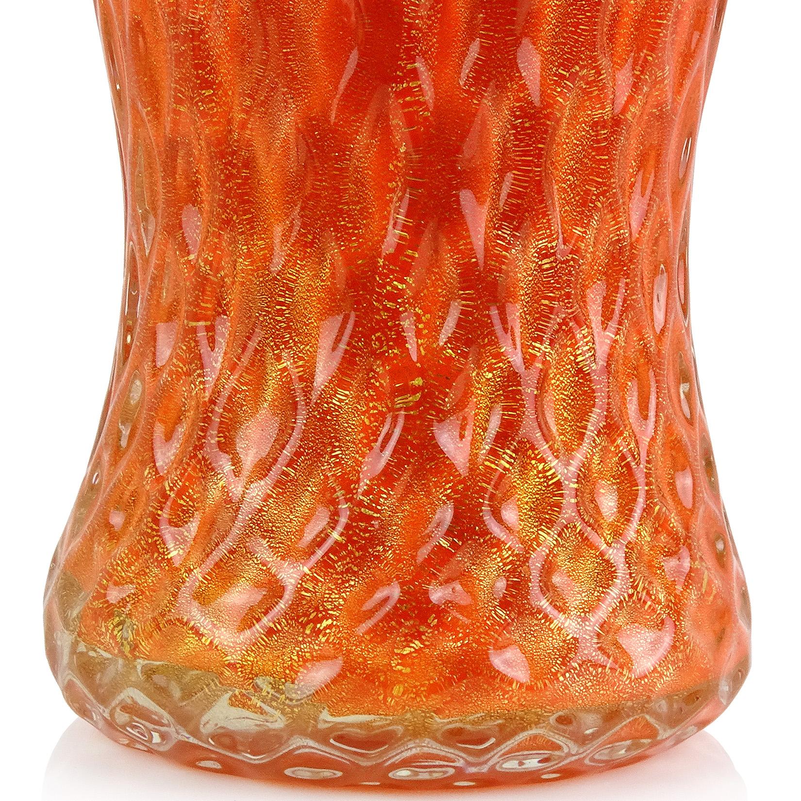Hand-Crafted Barbini Murano 1950s Orange Gold Flecks Quilted Italian Art Glass Flower Vase For Sale