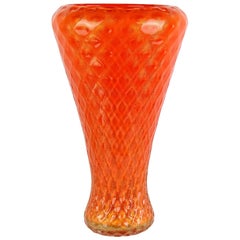 Vintage Barbini Murano 1950s Orange Gold Flecks Quilted Italian Art Glass Flower Vase