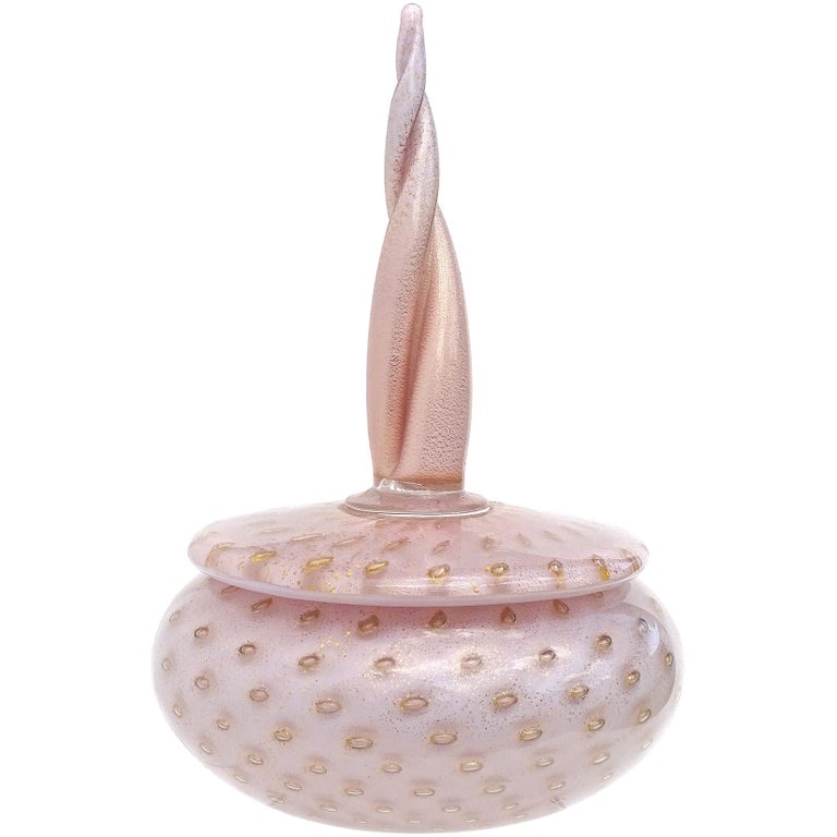 Barbini Murano 1950s Pink Gold Flecks Bubble Italian Art Glass Vanity Powder Box For Sale