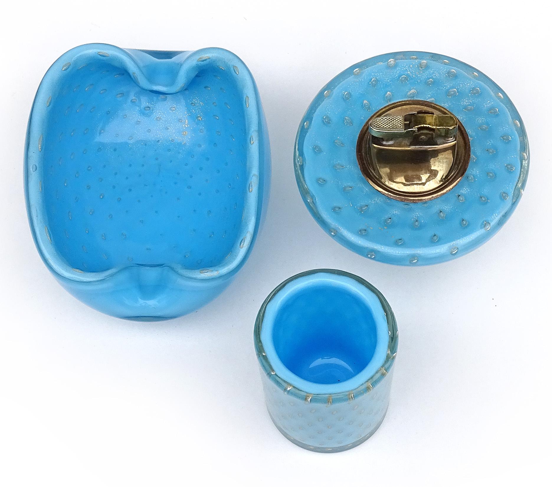 Mid-Century Modern Barbini Murano 50s Blue Gold Flecks Italian Art Glass Bowl Lighter Holder Set