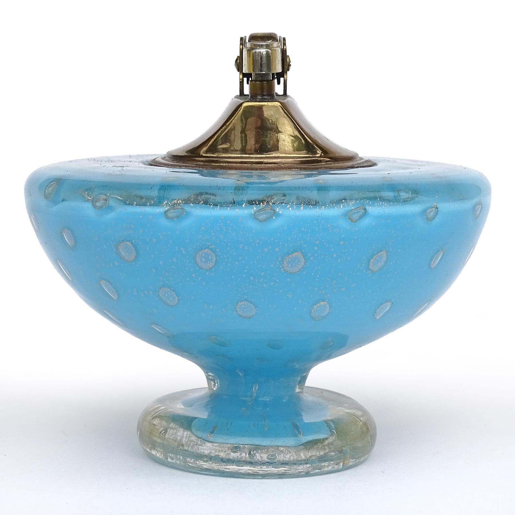 Barbini Murano 50s Blue Gold Flecks Italian Art Glass Bowl Lighter Holder Set 1