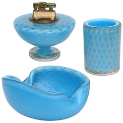 Barbini Murano 50s Blue Gold Flecks Italian Art Glass Bowl Lighter Holder Set