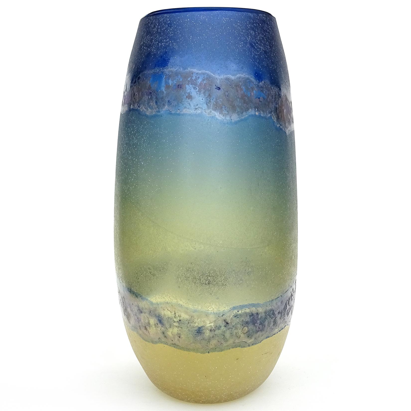 Beautiful large vintage Murano hand blown blue to yellow fade Italian art glass centerpiece flower vase. Documented to designer Alfredo Barbini. Created for, and signed underneath 