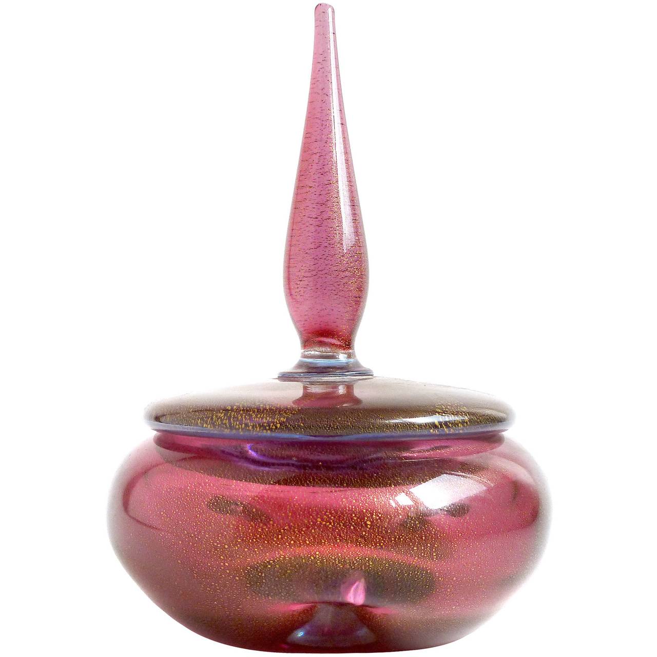 Gorgeous and elegant vintage Murano hand blown amethyst and gold flecks Italian art glass powder or jewelry box and perfume bottles set. Documented to designer Alfredo Barbini, circa 1950s. All pieces have three cute dimples on the body, with a