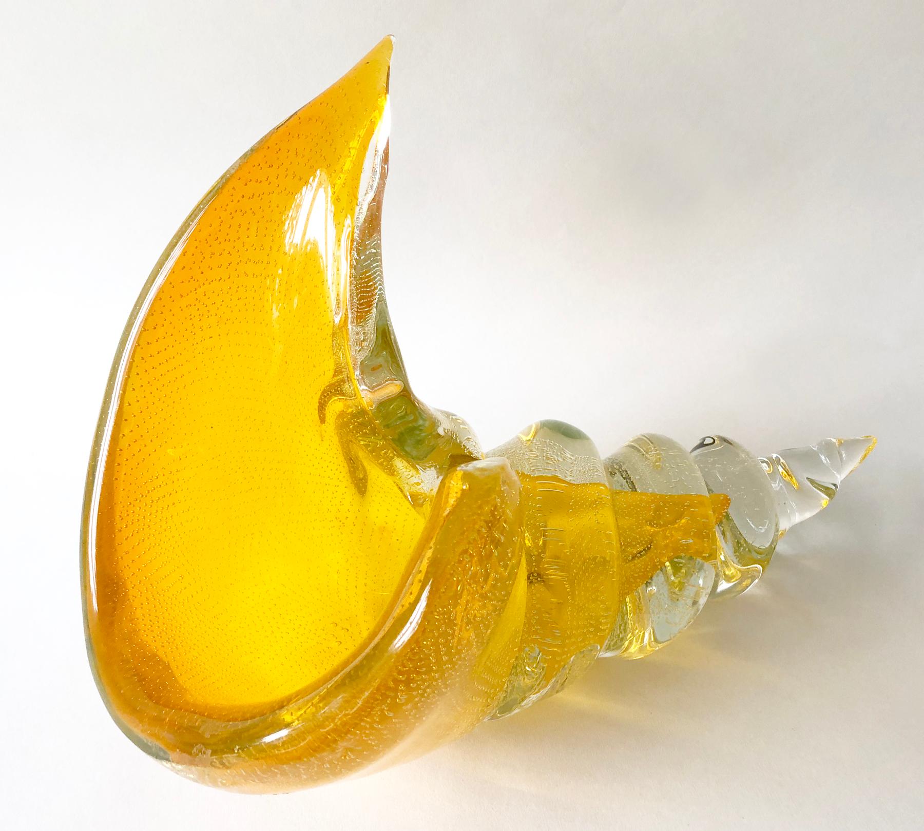 Large scale bright orange cornucopia, horn of plenty with bullicante controlled bubbles created by Barbini of Murano, Italy. Piece measures 10.5