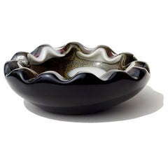 Barbini Murano Black Gold Flecks White Spots Italian Art Glass Bowl Ashtray Dish