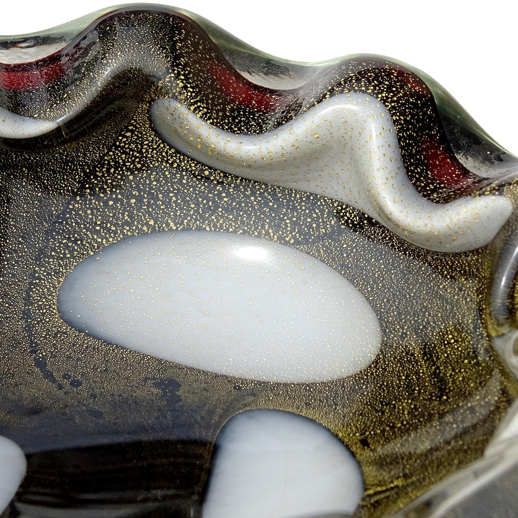 Mid-Century Modern Barbini Murano Black Gold Flecks White Spots Italian Art Glass Bowl Ashtray Dish