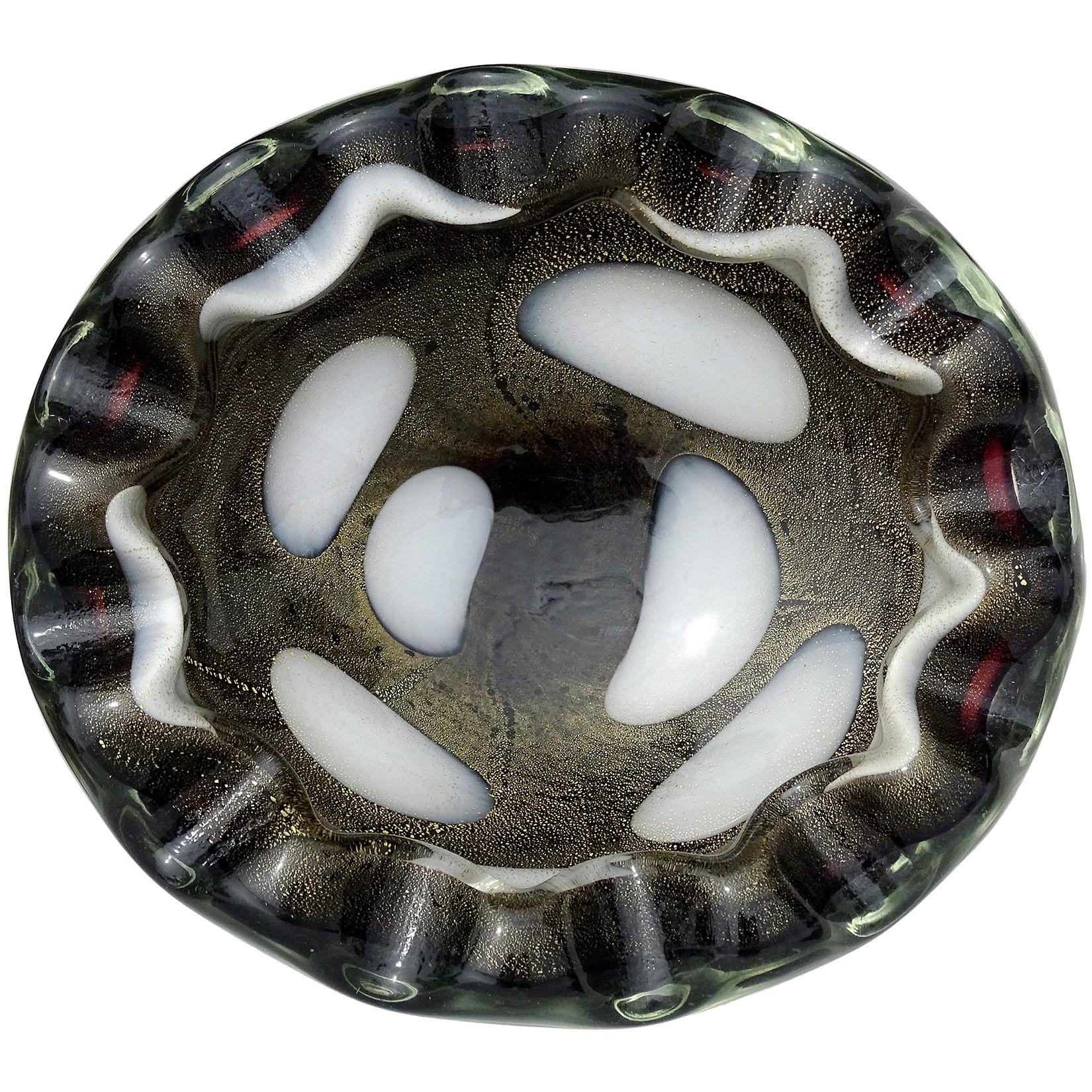 Hand-Crafted Barbini Murano Black Gold Flecks White Spots Italian Art Glass Bowl Ashtray Dish