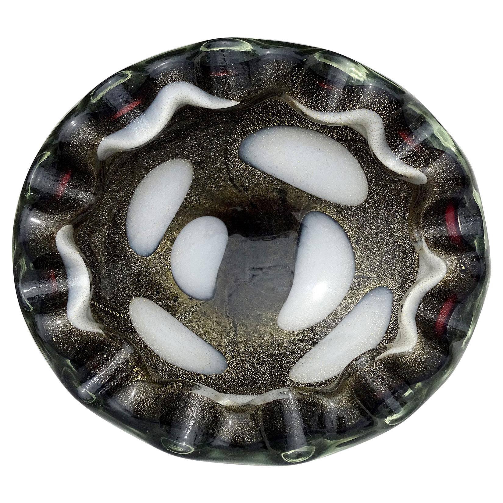 Barbini Murano Black Gold Flecks White Spots Italian Art Glass Bowl Ashtray Dish