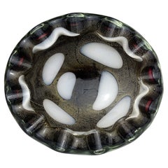 Vintage Barbini Murano Black Gold Flecks White Spots Italian Art Glass Bowl Ashtray Dish