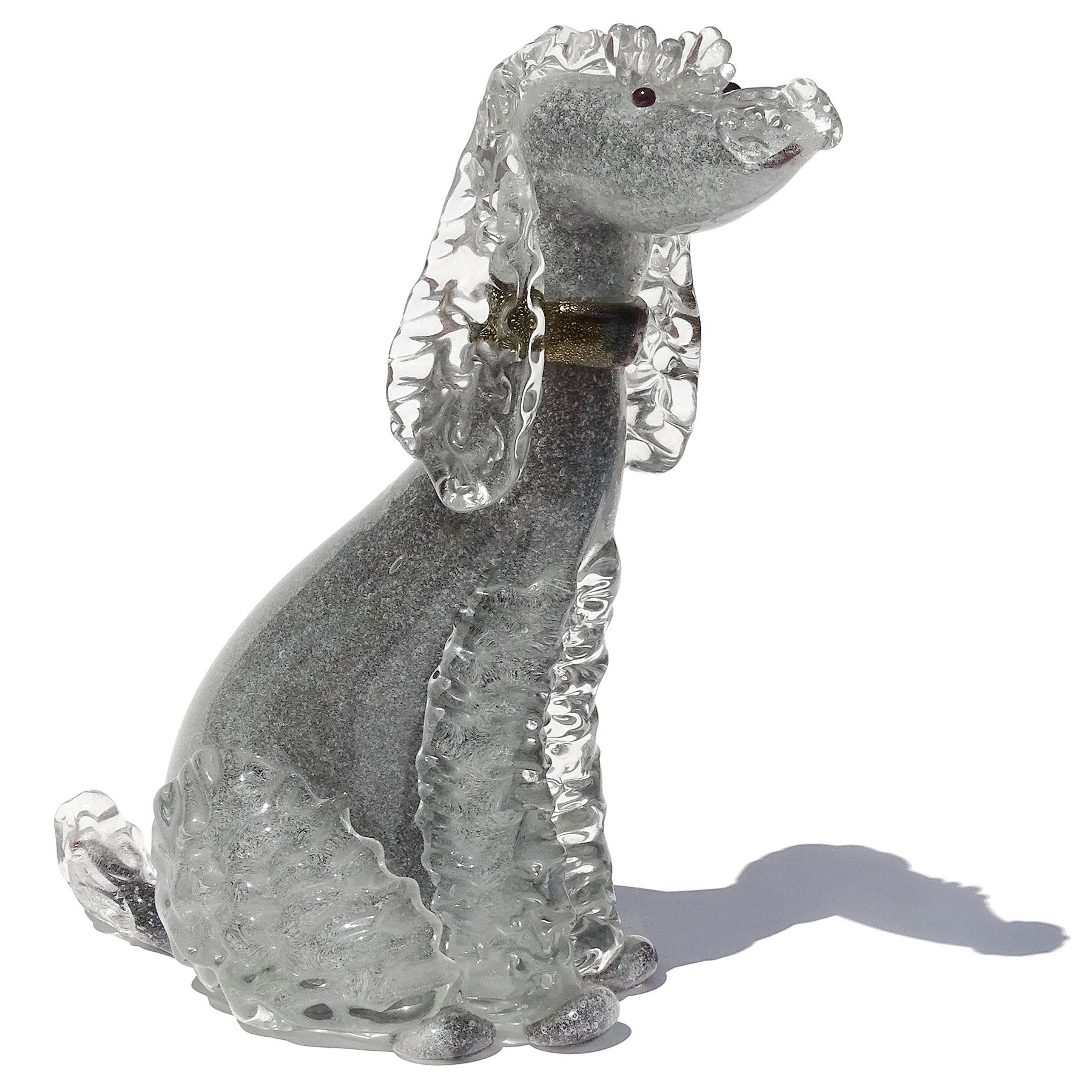 Beautiful and rare, vintage Murano hand blown Pulegoso bubbles, gray, black and gold flecks Italian art glass poodle puppy dog sculpture. Documented to designer Alfredo Barbini, circa 1950-1960 and published in his Weil Ceramics and Glass catalog.