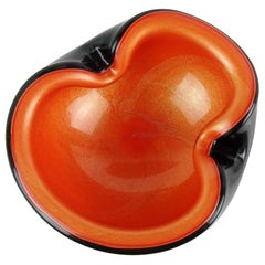 Barbini Murano Black Orange Gold Flecks Italian Art Glass Decorative Bowl