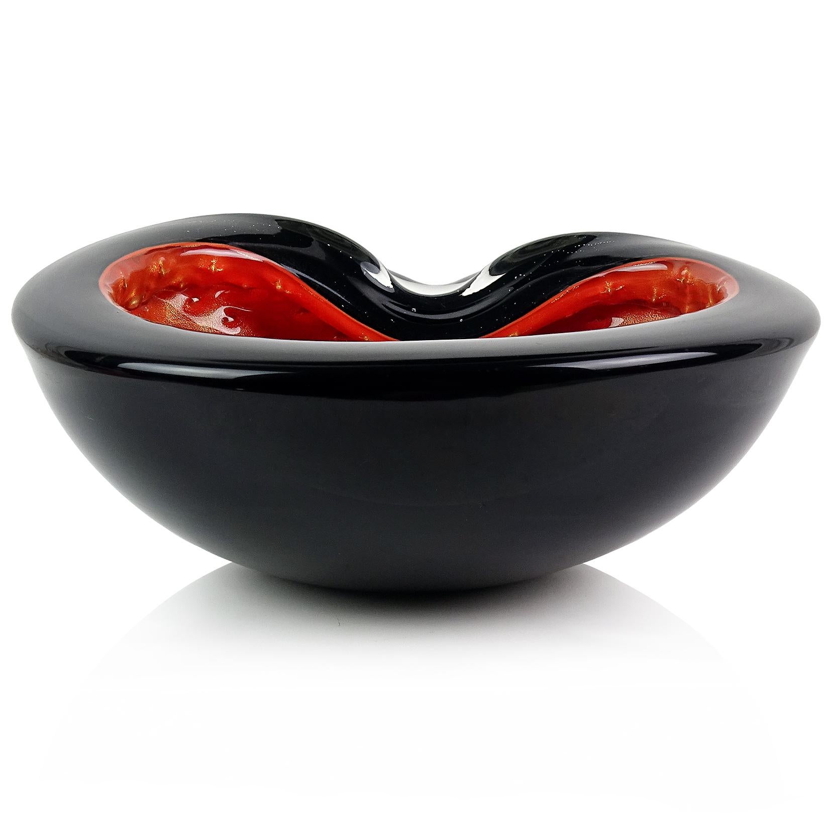 Mid-Century Modern Barbini Murano Black Orange Gold Flecks Italian Art Glass Folded Rim Bowl For Sale