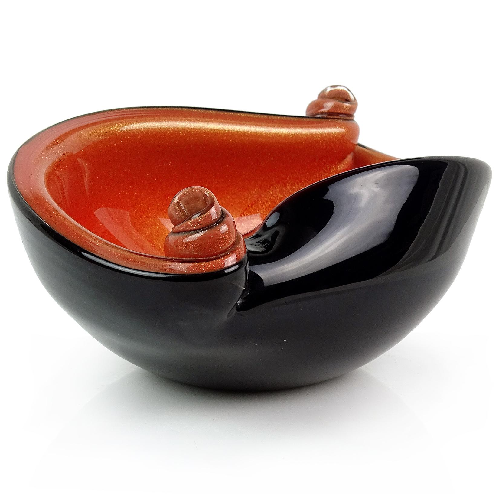 Mid-Century Modern Barbini Murano Black Orange Gold Flecks Italian Art Glass Scroll Shell Bowl