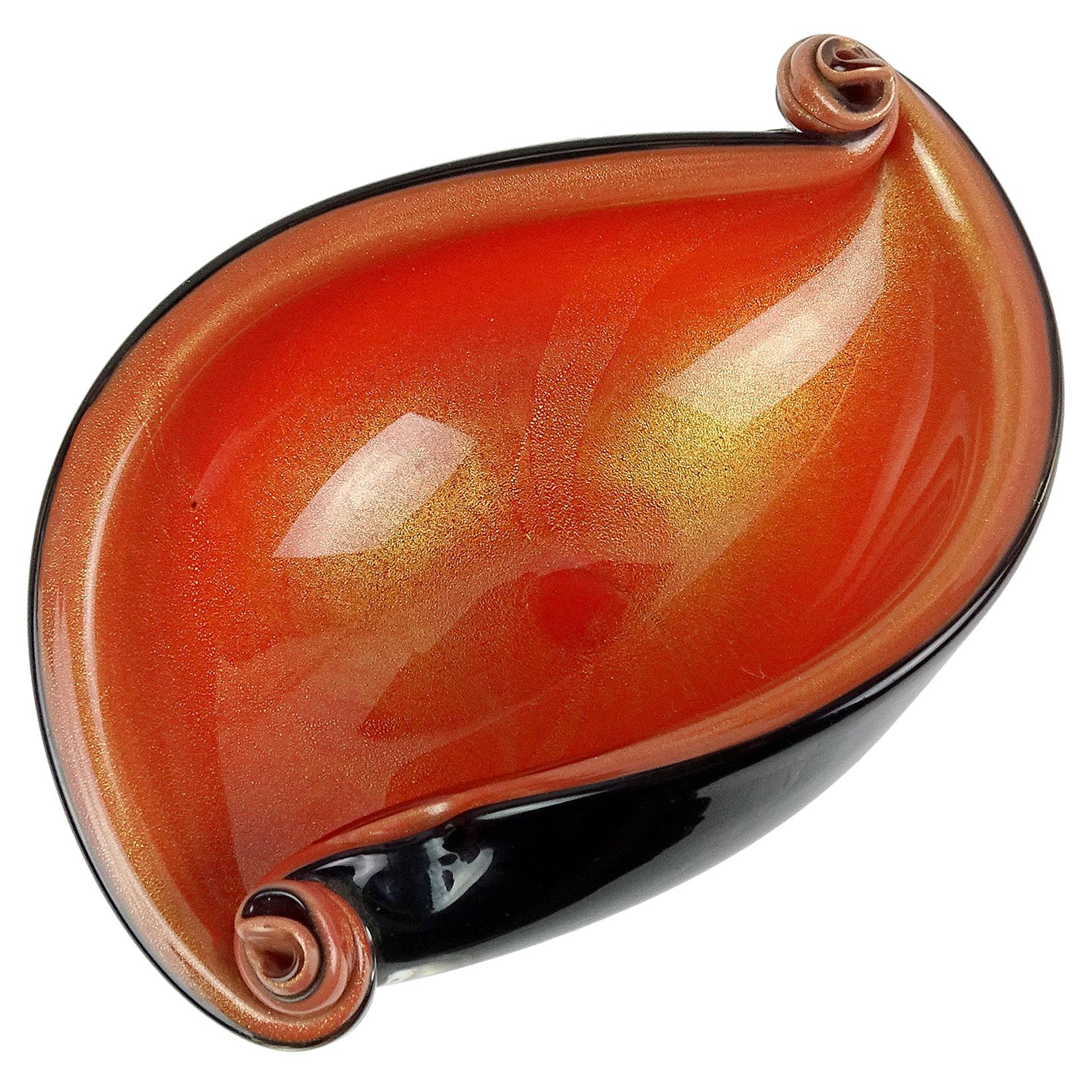 Barbini Murano Black Orange Gold Flecks Italian Art Glass Scroll Shell Bowl