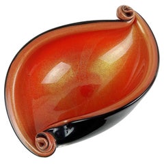 Barbini Murano Schwarz Orange Gold Flecken Italienische Kunst Glas Scroll Shell Schale