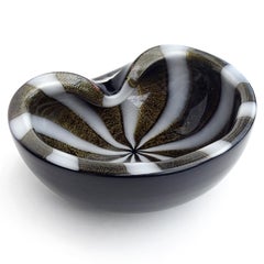 Barbini Murano Black White Stripes Gold Flecks Italian Art Glass Midcentury Bowl