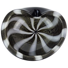 Barbini Murano Black White Stripes Gold Flecks Italian Art Glass Midcentury Bowl
