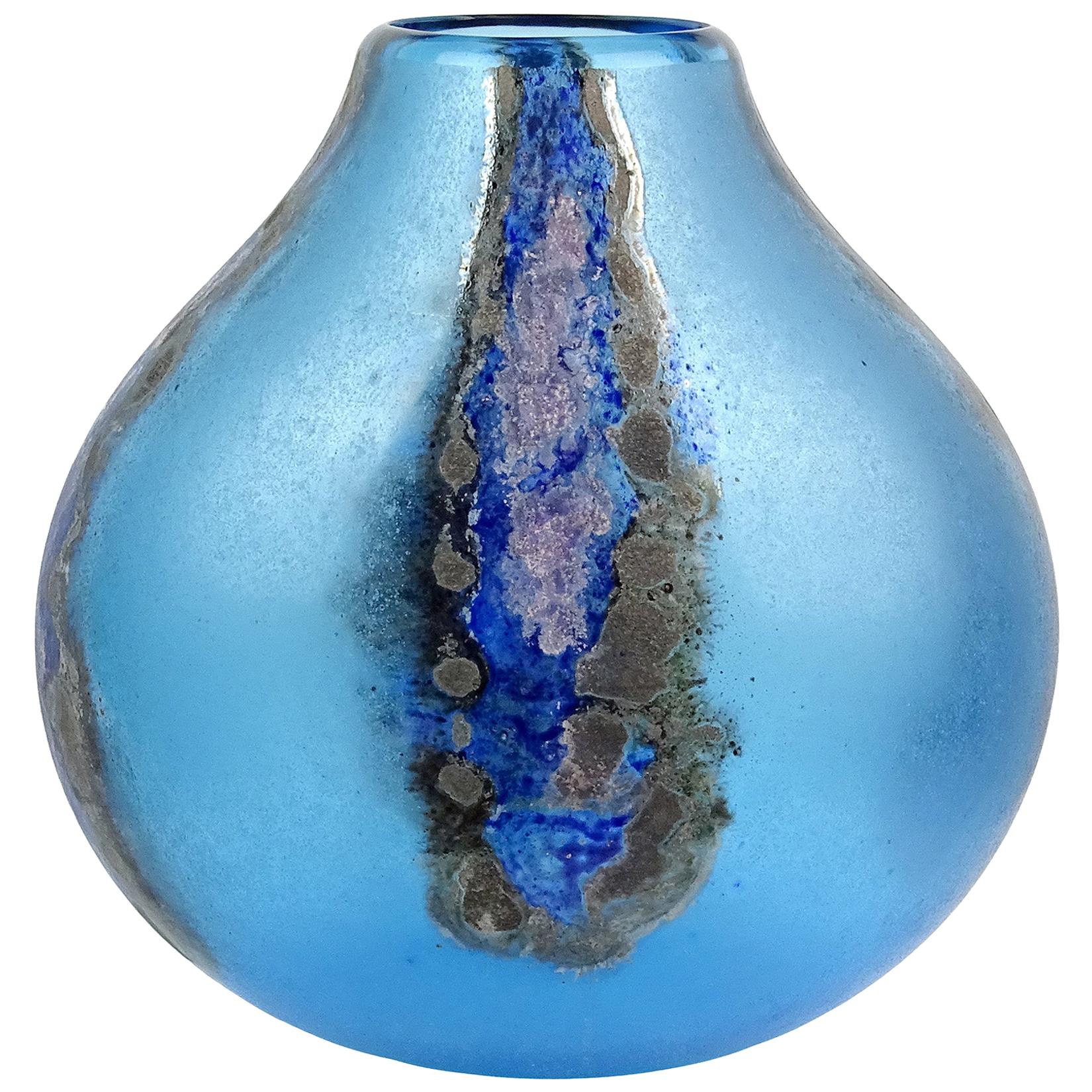 Barbini Murano Blue Abstract Design Scavo Texture Italian Art Glass Flower Vase