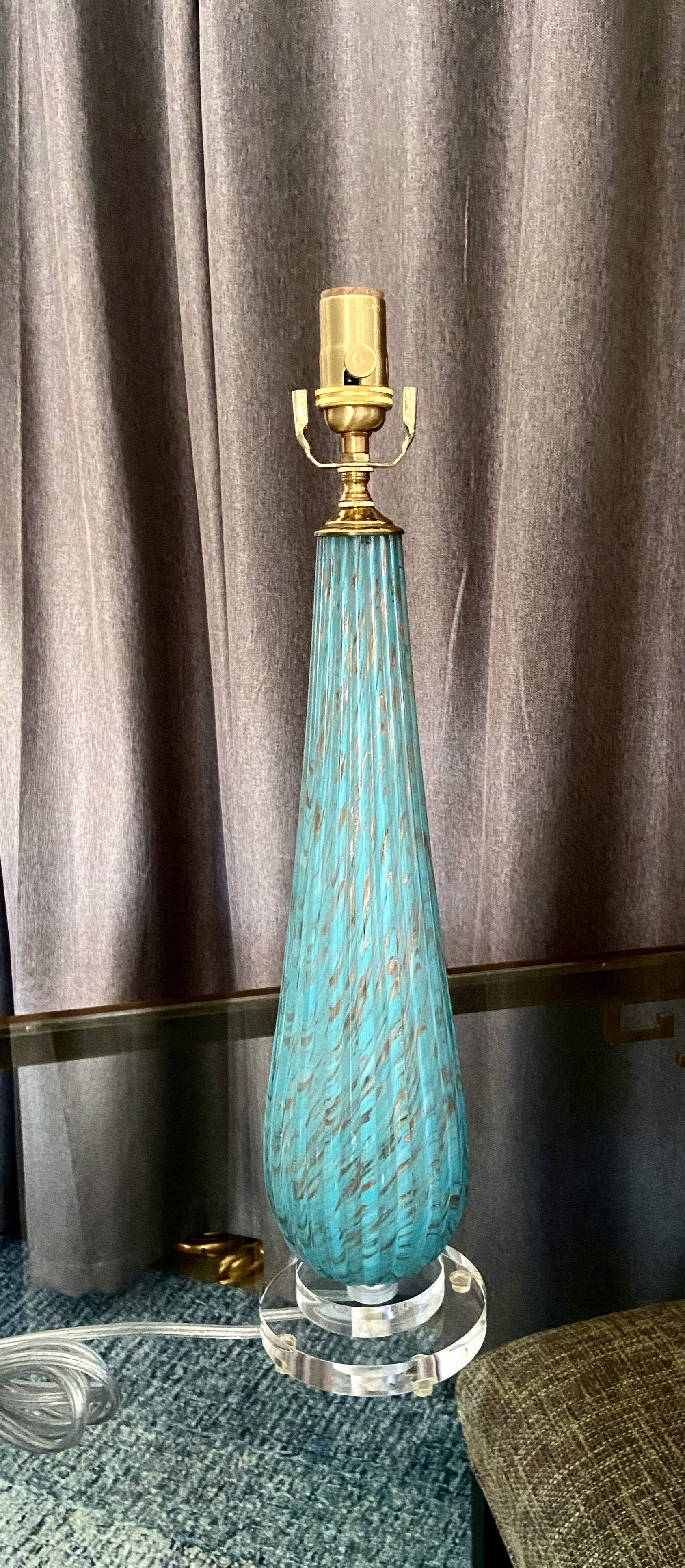 Italian Barbini Murano Blue Copper Ribbed Glass Table Lamp For Sale