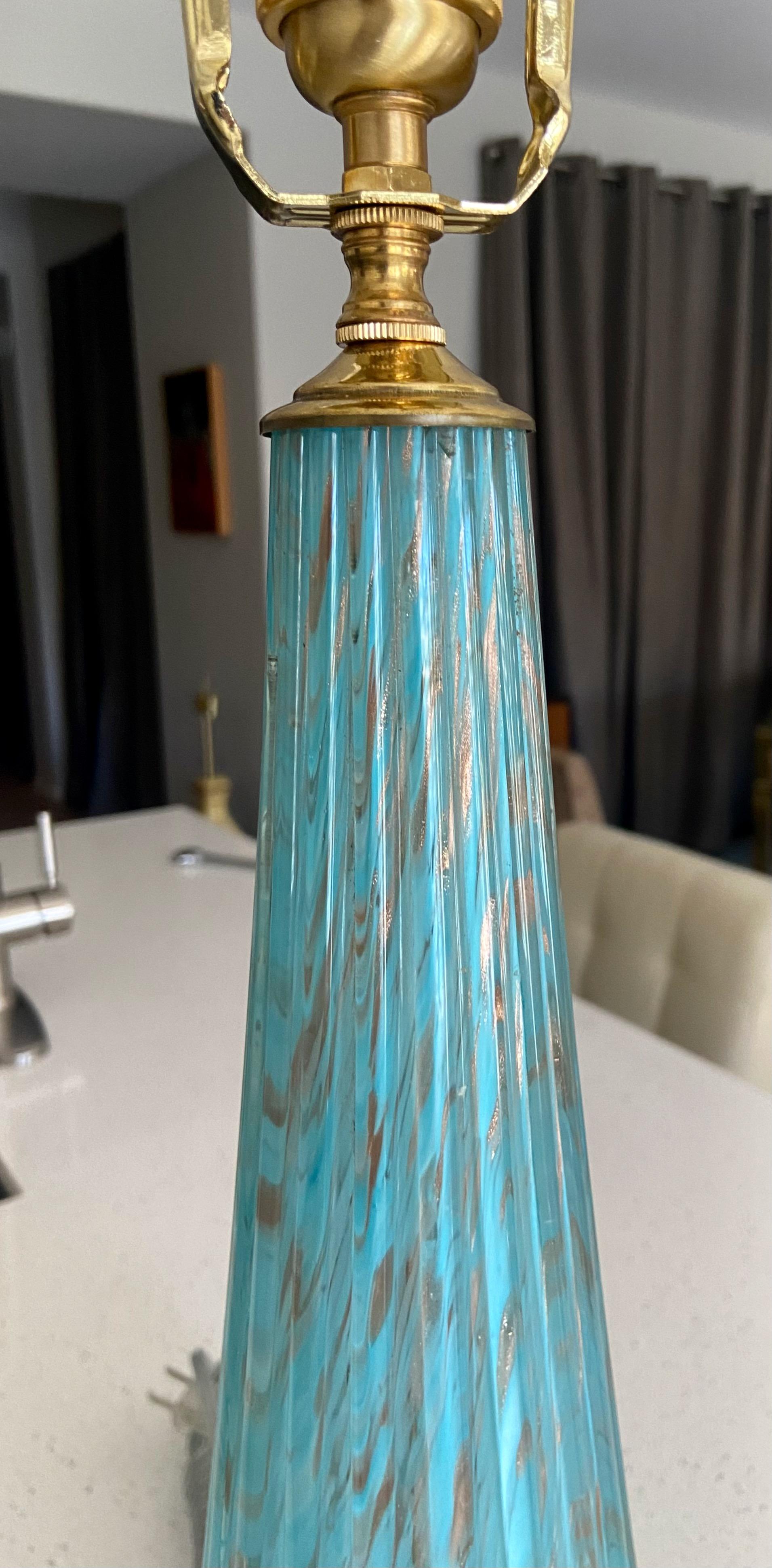 Blown Glass Barbini Murano Blue Copper Ribbed Glass Table Lamp For Sale