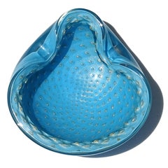 Barbini Murano Blue Gold Flecks Control Bubbles Italian Art Glass Bowl Ashtray