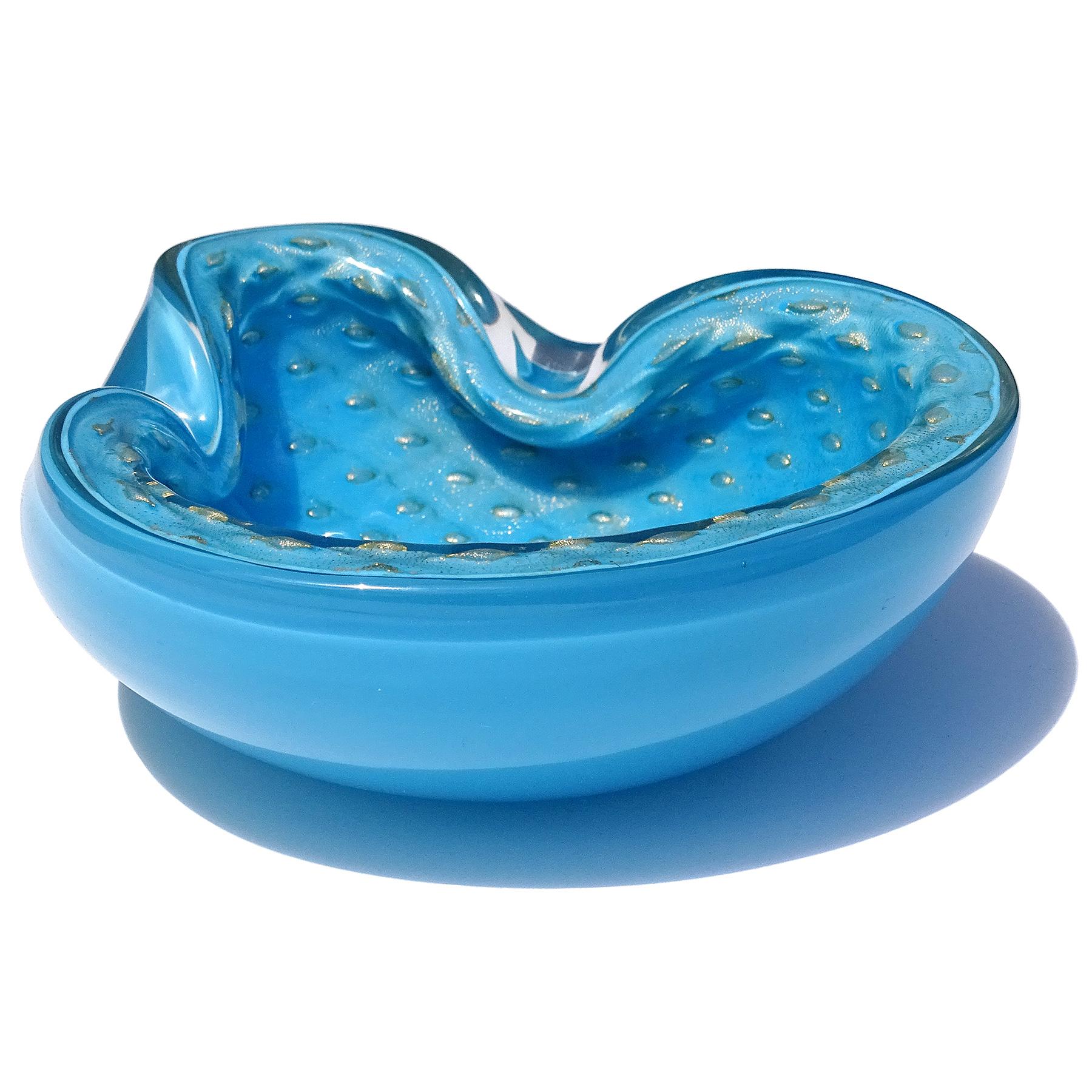 Mid-Century Modern Barbini Murano Blue Gold Flecks Control Bubbles Italian Art Glass Bowl Ashtray For Sale