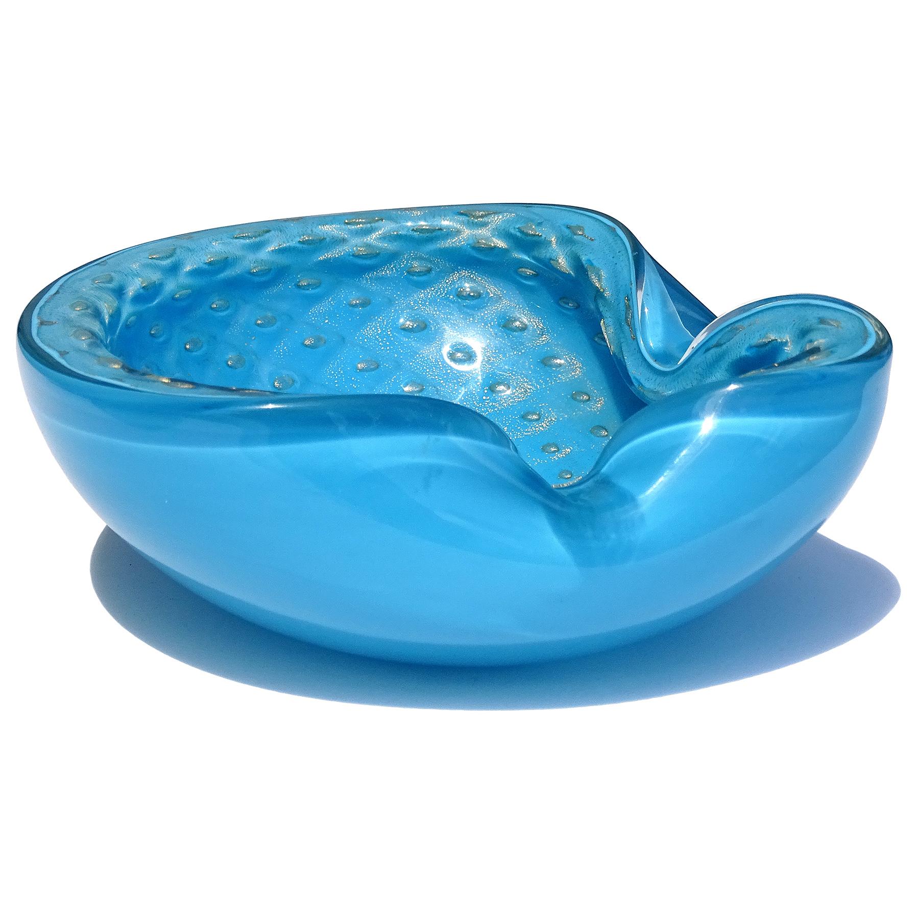 Hand-Crafted Barbini Murano Blue Gold Flecks Control Bubbles Italian Art Glass Bowl Ashtray For Sale