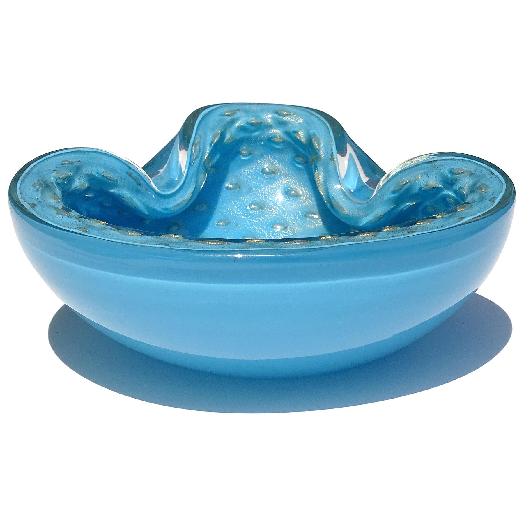 Barbini Murano Blue Gold Flecks Control Bubbles Italian Art Glass Bowl Ashtray In Good Condition For Sale In Kissimmee, FL