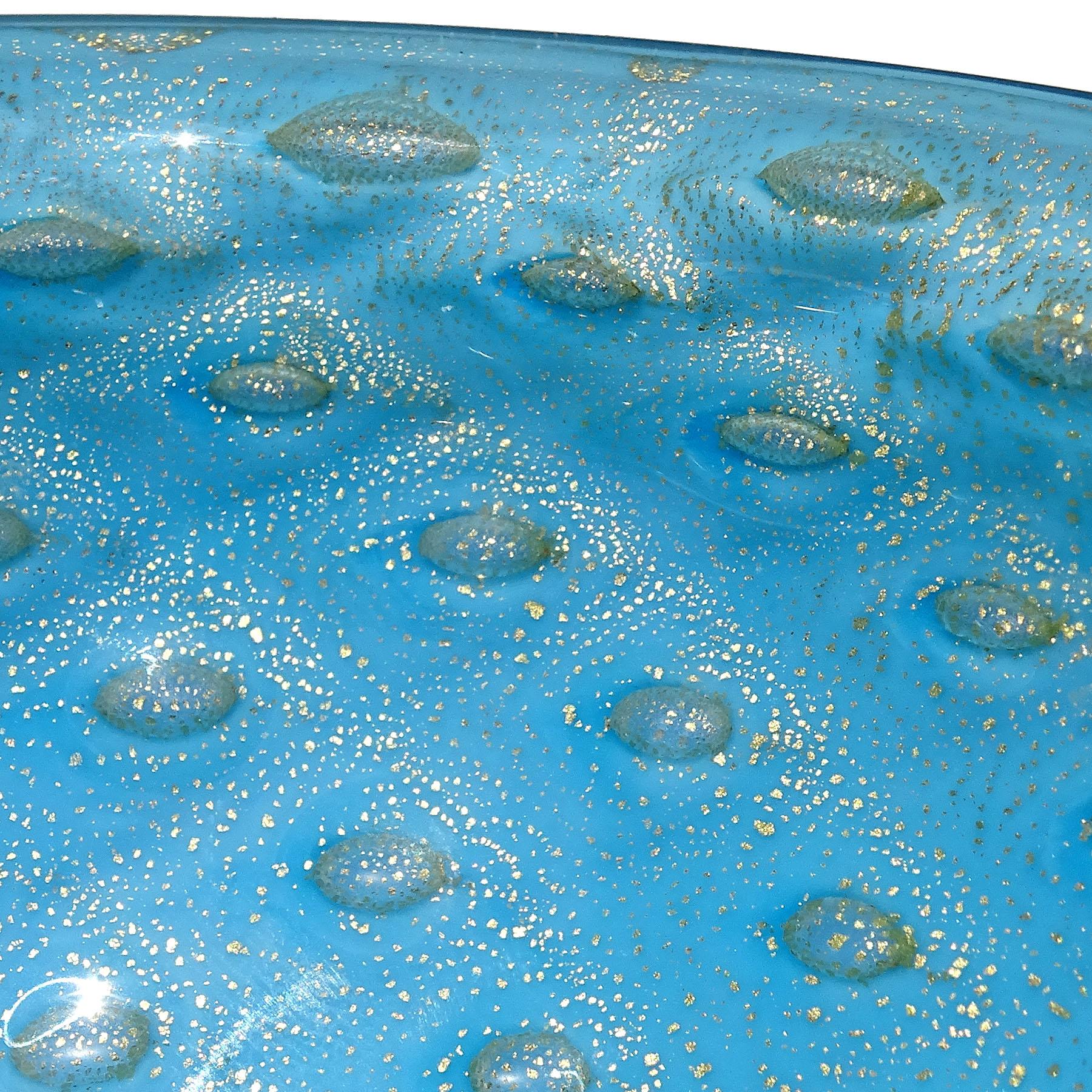 20th Century Barbini Murano Blue Gold Flecks Control Bubbles Italian Art Glass Bowl Ashtray For Sale