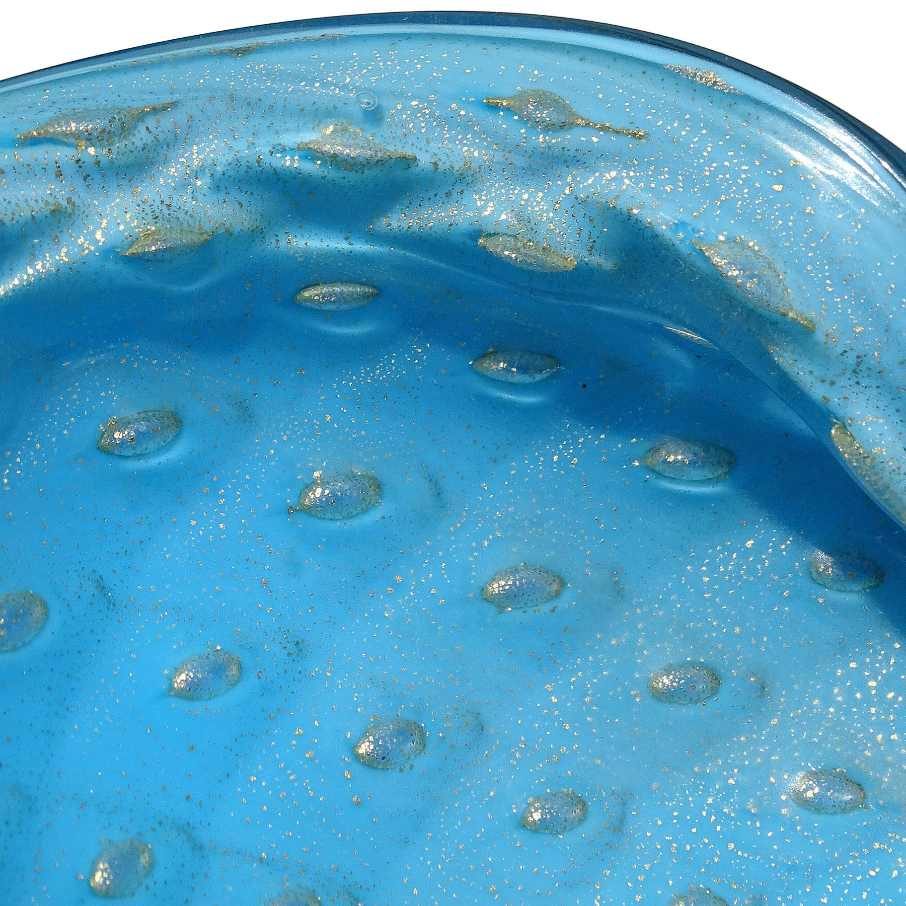 Barbini Murano Blue Gold Flecks Control Bubbles Italian Art Glass Bowl Ashtray For Sale 1
