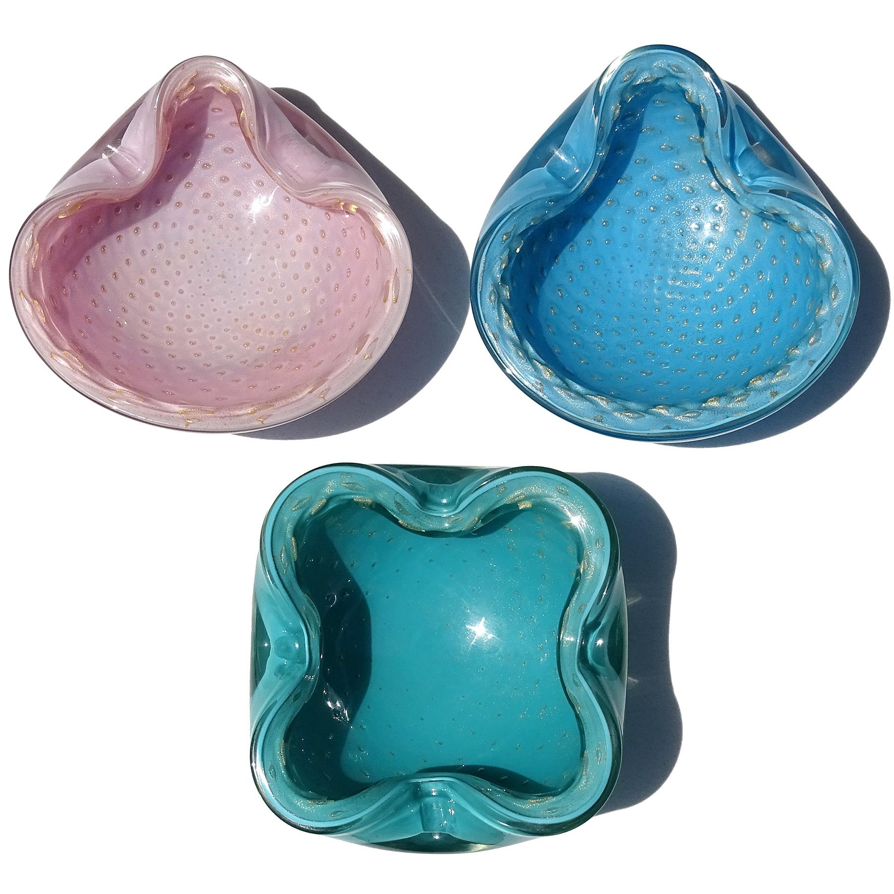 Barbini Murano Blue Gold Flecks Control Bubbles Italian Art Glass Bowl Ashtray For Sale 2